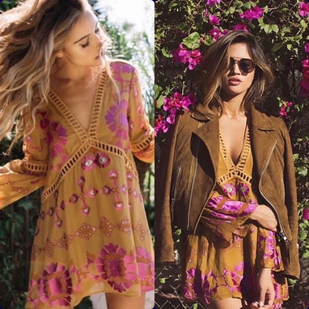 For Love & Lemons Barcelona Mini Dress Gold Pink | US Small